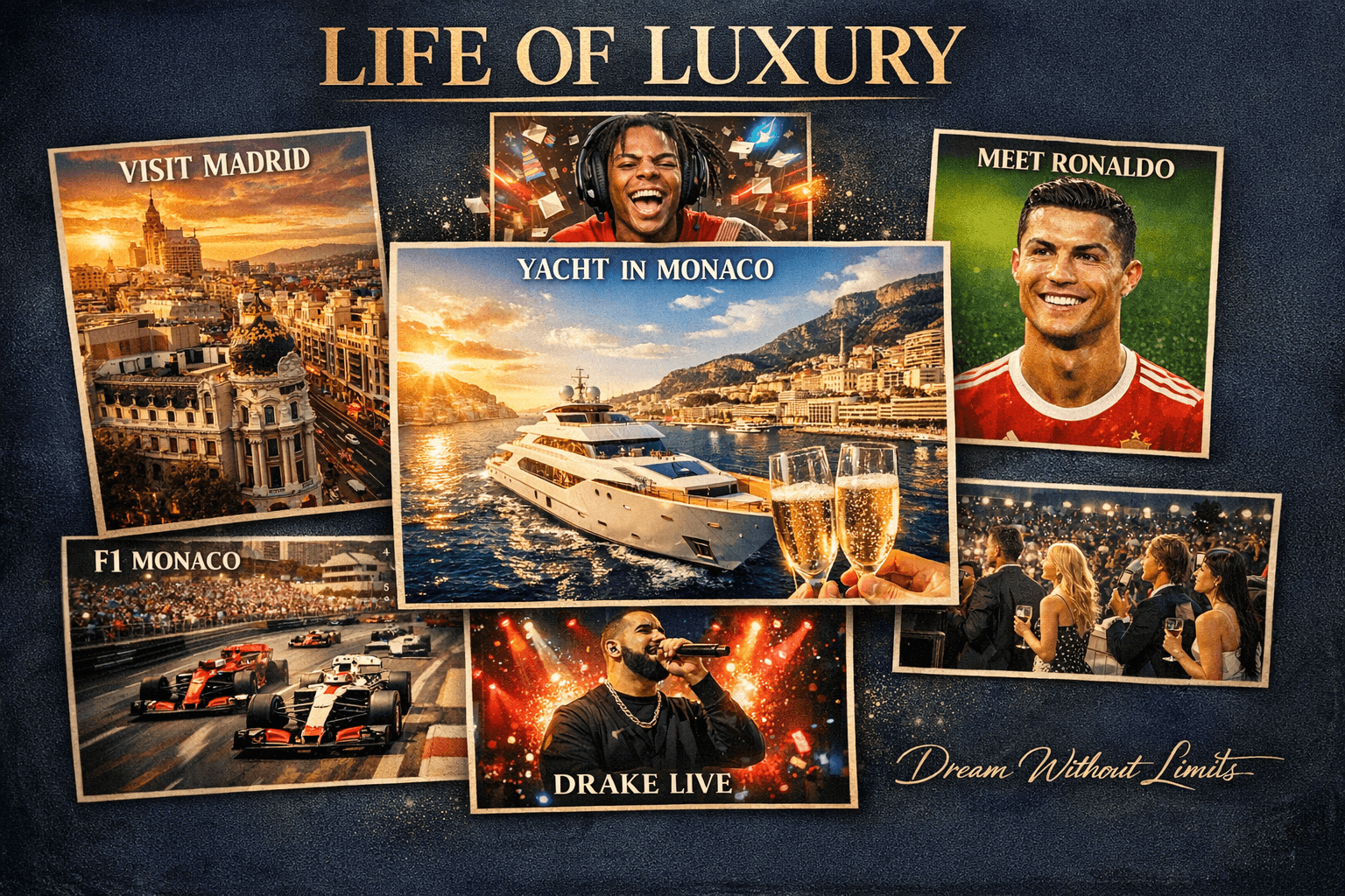 Life of Luxury vision board with yacht in Monaco, F1, and celebrity goals