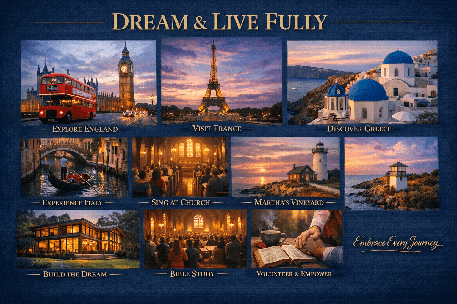 Dream & Live Fully vision board with travel to England, France, Greece, Italy and faith goals