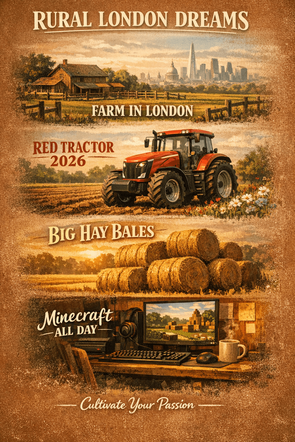 Rural London Dreams vision board with farm life and countryside goals