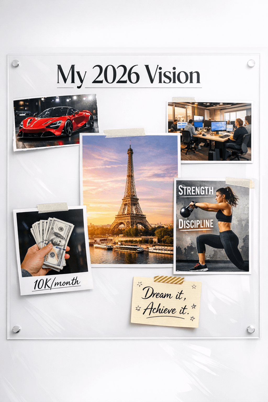 My 2026 Vision glass board with boxing, McLaren, and discipline goals
