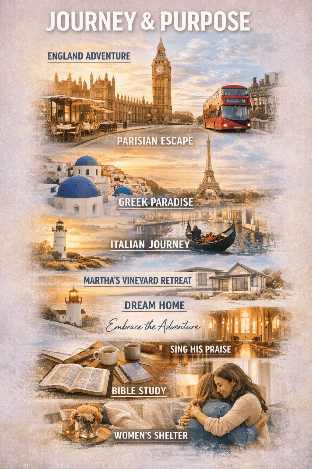 Journey & Purpose vision board with England, France, Greece, Bible study, and volunteer goals