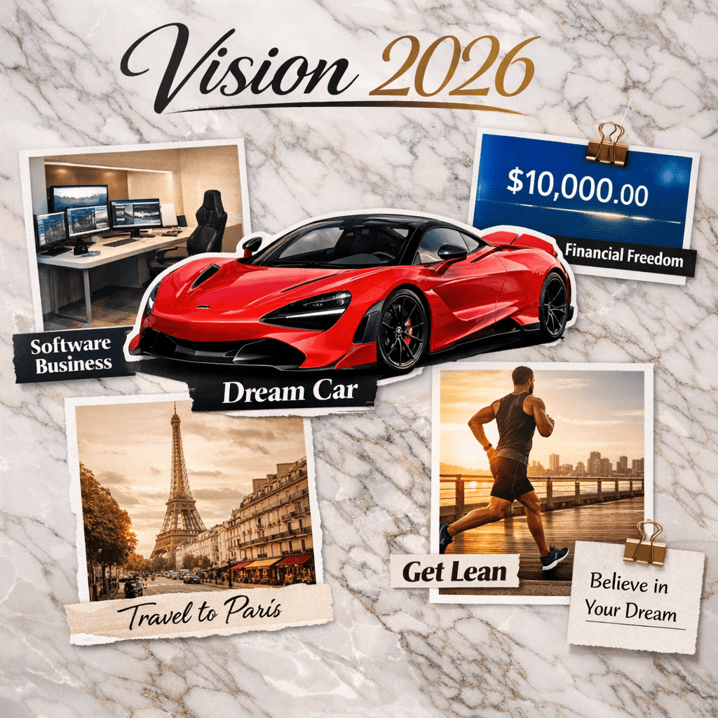 Vision 2026 polaroid-style board with dream car, travel, and fitness goals